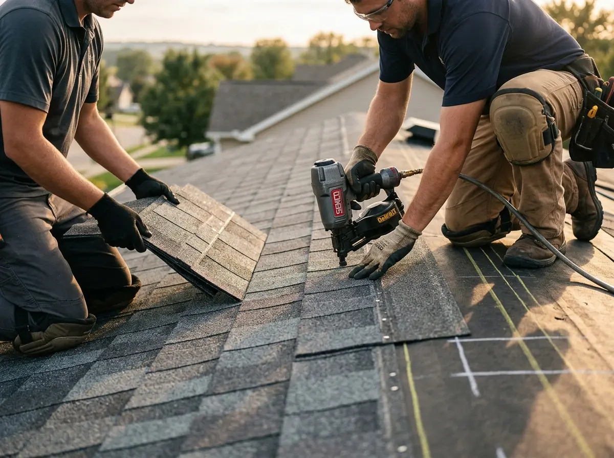 Professional roofer working on a residential roof in Shafter